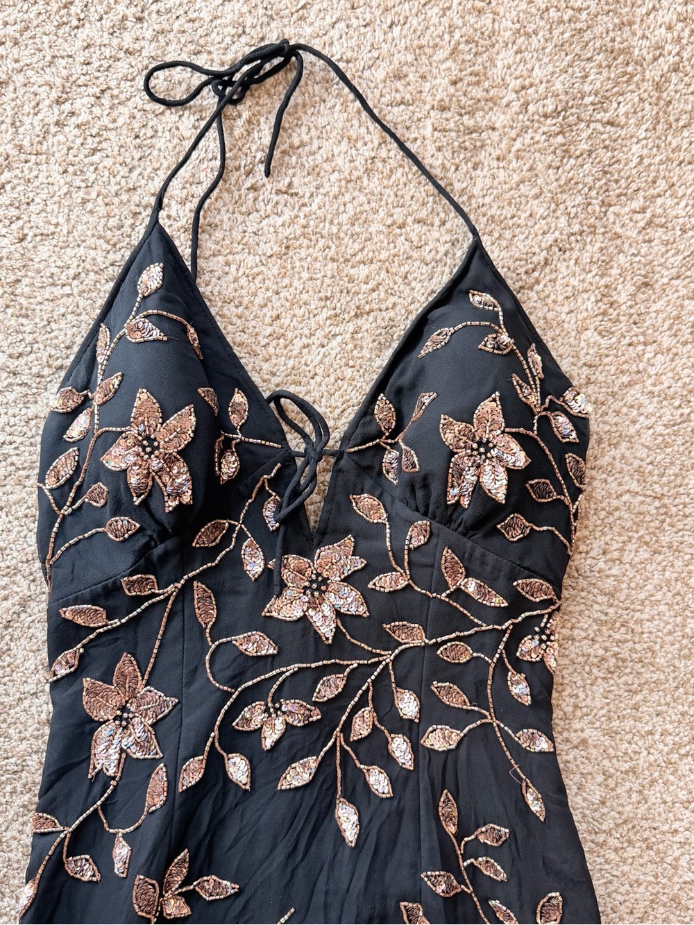 Vintage Y2K CACHE Black Floral Embroidered Halter Slip Dress - Picture 3 of 6